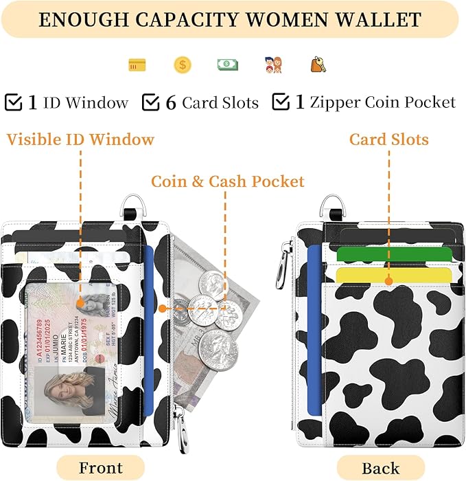 Hancynir Slim Wallet Women Credit Card Holder Cow RFID Blocking Small Mini Card Wallets Cute Front Pocket PU Leather Card Case Thin Travel Zipper Coin Cash Ladies Female Wallet Gifts Black and White