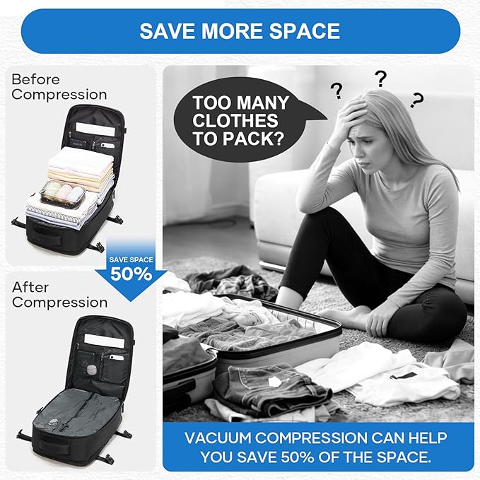 coowoz Vacuum Travel Backpack With Pump For Women Men Airline Approved,Carry On Backpack,Large Hiking Laptop Backpacks Waterproof Outdoor Sports Rucksack Casual Daypack Backpacks XLarge(Vacuum pump)