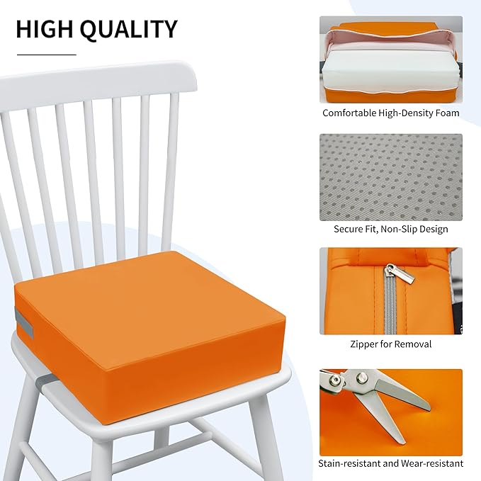 Toddler Booster Seat Dining Table Kitchen Chair, Waterproof Anti-Scratch PU Cushion, Non-Slip Bottom, Adjustable Buckle Straps, Easy Clean Portable Seat Cushion (Orange)