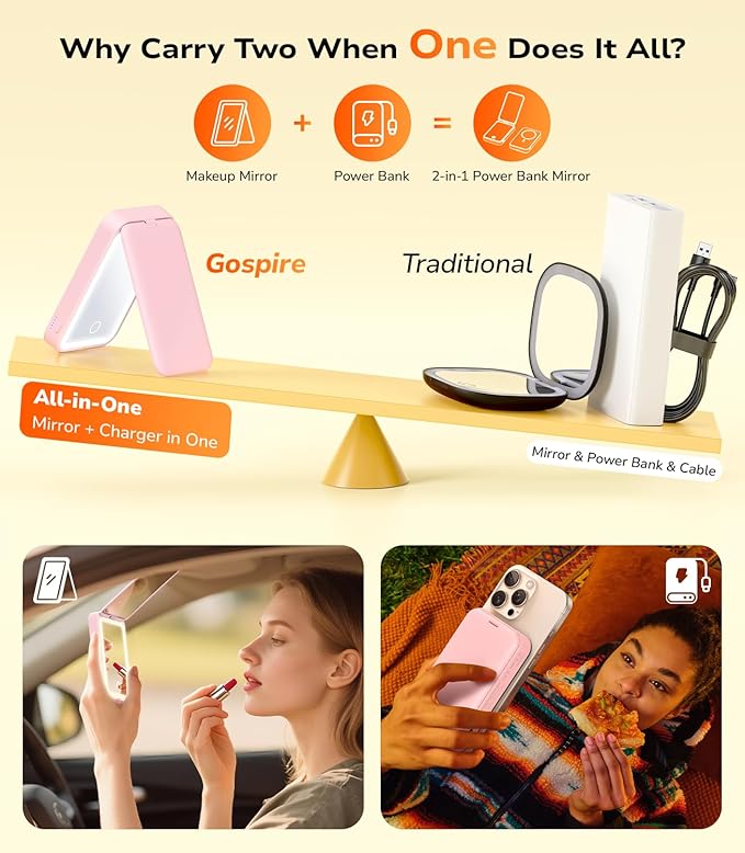 Gospire 2-in-1 Travel Mirror with Light and 3000mAh Magnetic Power Bank for iPhone 16/15/14/13/12 Series Only, Compact Mirror for Purses, 3 Color Lights and 3X/1X Magnification - Pink