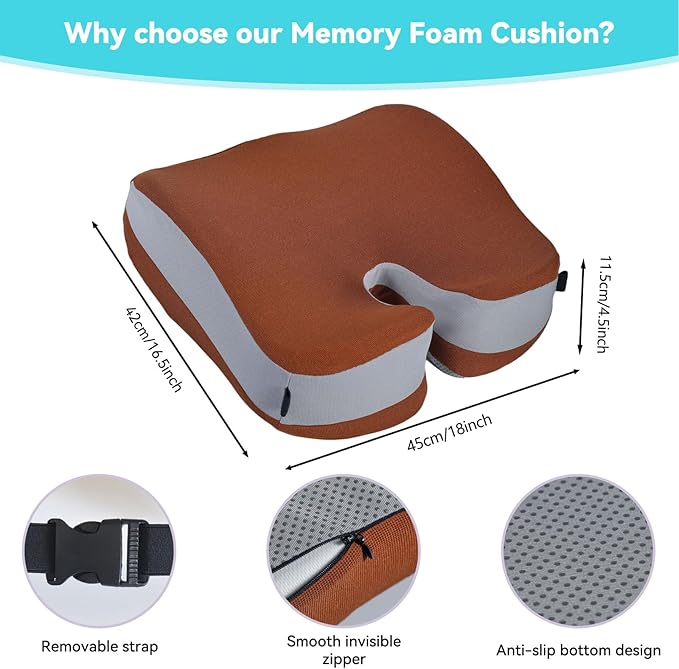 Seat Cushions for Office Chairs Wheelchair Cushion for Long Sitting Back Pain，Memory Foam Seat Car Computer Desk Chair Cushion，Coccyx Cushion for Tailbone Pain Relief Cushion Office Chair Brown