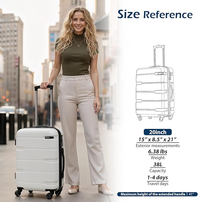 Coolife Carry On Luggage 22x14x9 Airline Approved Hardside PC+ABS Suitcase with TSA Lock, Lightweight Rolling Travel Luggage with Spinner Wheels(White, 20in)