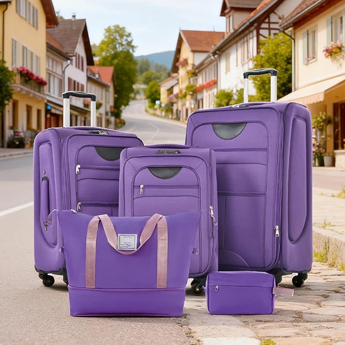 Luggage Sets Softside Expandable 3 Piece Set Lightweight Suitcase with Duffel Bag Upright Spinner Softshell, TSA Lock Carry On for Business for Family Travel (Purple, 22"/26"/30")