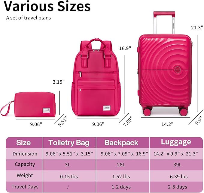 LARVENDER Carry On Luggage Set 22x14x9 Airline Approved, Expandable 20 Inch Carry-On Suitcases With Wheels, Lightweight Luggage Sets 3 Pieces With Backpack, Rose Red