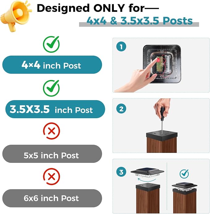 kolpop 4x4 Solar Post Cap Lights Outdoor 8Pack- 3 Color Temperatures& 2 Level Brightness, IP65 Waterproof, 16 LED Black Fence Deck Post Light Solar Powered Only for 4×4/3.5×3.5 Wood/Vinyl Posts