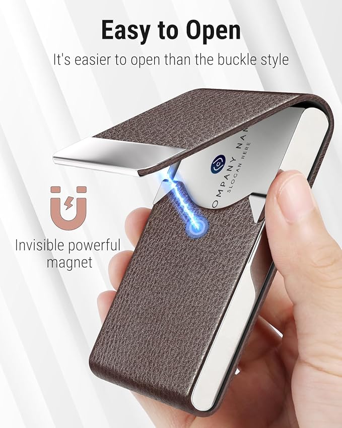 MaxGear Business Card Holder, Slim PU Leather & Stainless Steel Business Card Case for Men & Women, RFID Blocking Name Card Holder with Magnetic Closure, Coffee