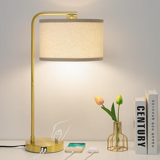 Mordern Gold Table Lamp, Fully Dimmable Bedside Lamp with C+A USB Ports | 25" Tall Nightstand Lamp, Desk Lamp with Beige Drum Shade, Side Table Lamp for Living Room Bedroom Office, LED Bulb Included