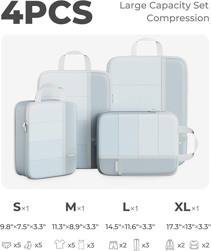 Percover Compression Packing Cubes 4-Piece Set, Packing Cubes Compression for Travel with Label Pockets, Travel Organizer for Carry On & Checked Luggage, Slate Blue