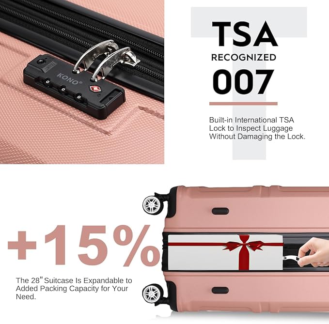 Kono 4 Piece Luggage Sets Expandable(only 28") with Spinner Wheels TSA Lock Lightweight PC+ABS Hardside Travel Rolling Suitcases 20in 24in 28in Carry on and 12in Mini Cosmetic Case Nude/Rose Pink