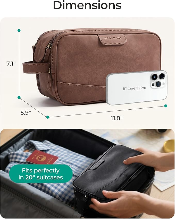 BAGSMART LargeToiletry Bag for Men, Soft Matte PU Leather Travel Bag for Toiletries, Dopp Kit Water Resistant Shaving Bag for Bathroom Shower-Light Brown
