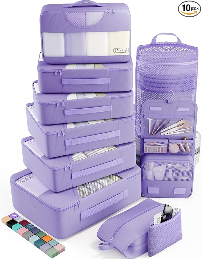 Veken 10 Set Packing Cubes for Travel Essential, Suitcase Organizer Bags in 4 Sizes, Carry-On Luggage Accessories with Large Laundry & Hanging Toiletry Bag, Must-Have for Airplane, Road Trip & Camping