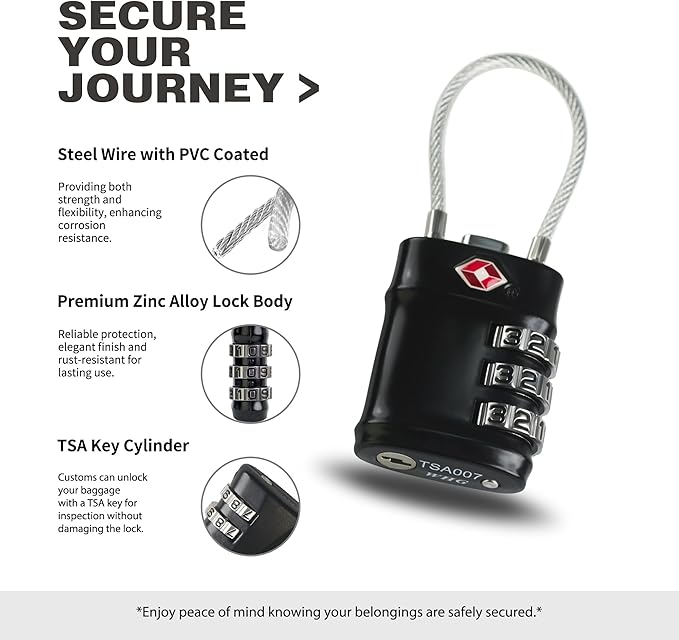 TSA Locks for Luggage, 3 Digit Combination Padlock, Luggage Locks TSA Approved 2 Pack, Combo Cable Padlocks with Code, for Gym Locker, Suitcase, Gun Case, Backpack Zipper (Black+Black)