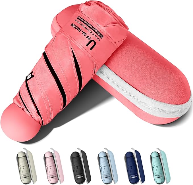 BAODINI Travel Essentials Mini Umbrella for Purse With Case Small Compact UV Sun Protection Lightweight Tiny Pocket Manual Open Close Umbrella for Women Kids and Men Fits Purse Backpack