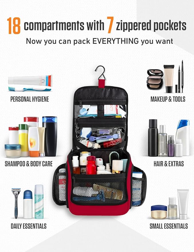VENTURE 4TH Hanging Travel Toiletry Bag for Women & Men – Large Toiletry Organizer with 18 Compartments, Removable TSA Pouch, Travel Wash Bag for Toiletries, Makeup & Shaving Kit (Red)