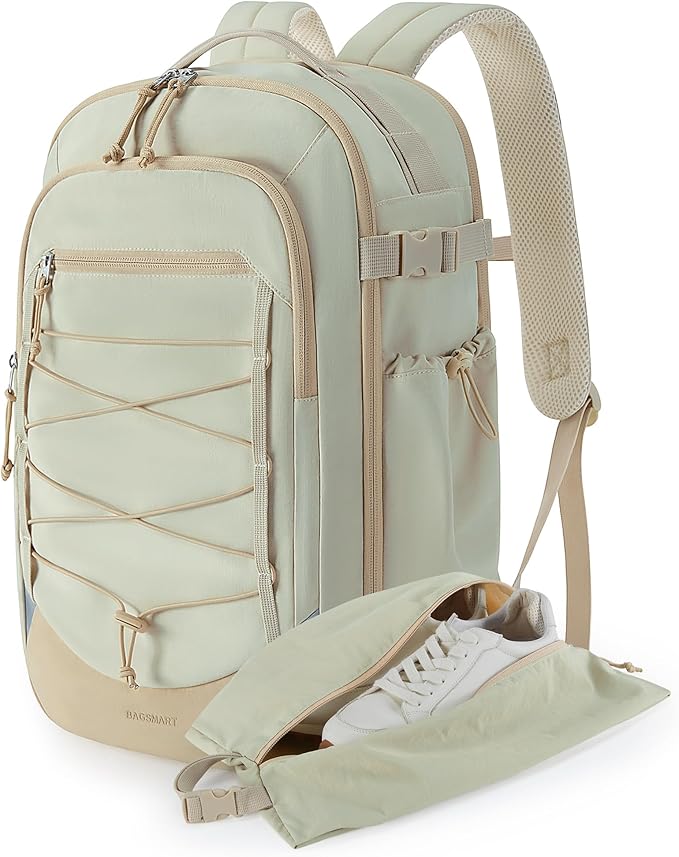 BAGSMART Carry On Travel Backpack, 17 Inch Large Travel backpack Carry On Flight Approved, Anti-theft Personal Item Backpack Travel Bag With Shoe Bag, 30L Water Resistant Casual Daypack, Beige