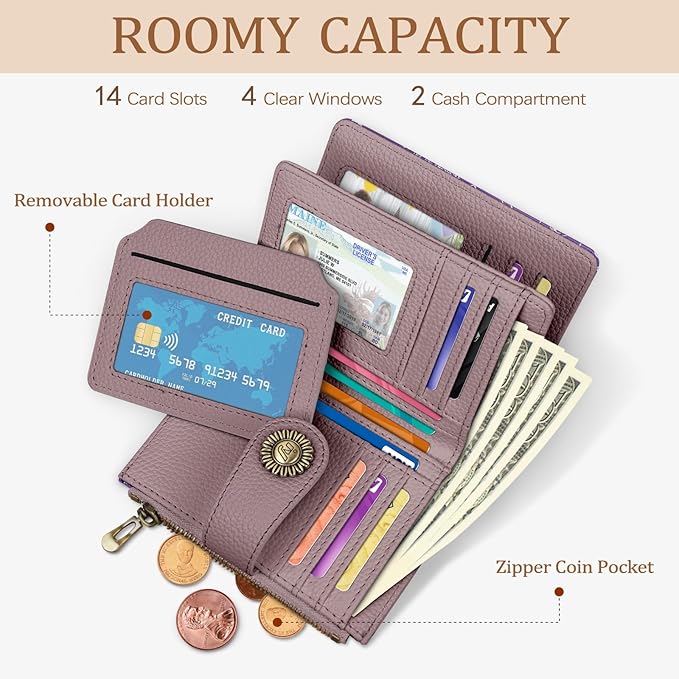 Icycay Goth Gothic Small Wallet Women RFID Blocking Bifold, Credit Card Holder, Zipper Coin Pocket, Witchy Magic, PU Leather, Compact, Travel, 4 ID Window, 14 Card Slots, Cash Purse, Ladies Woman