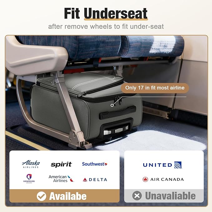 Softside Carry on Luggage Airline Approved, 17 Inch Underseat Carry-on Luggage with Removable Spinner Wheels, Small Personal Item Suitcase for Travel Business, (Grey, 17 inch_Underseat)