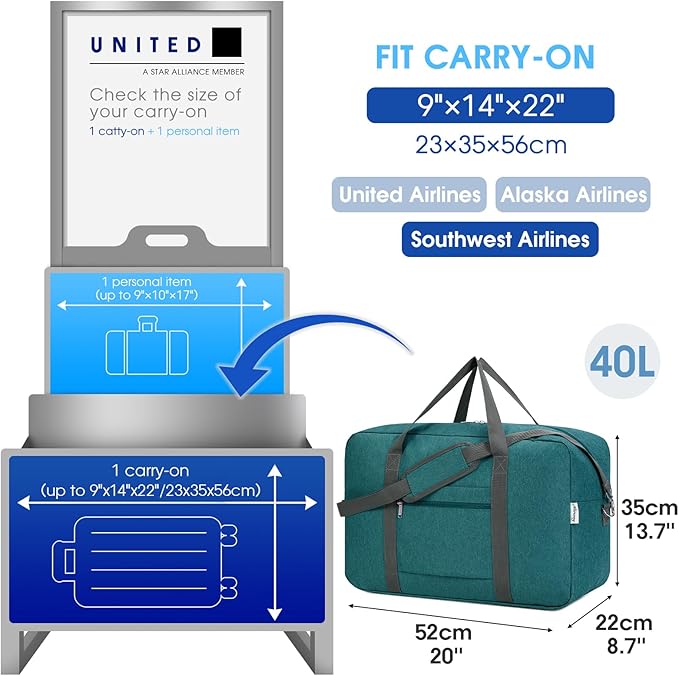 For United Airlines Foldable Carry on Bag 22x14x9 Travel Duffel Bag Packable luggage Duffle for Women and Men 40L (Teal)