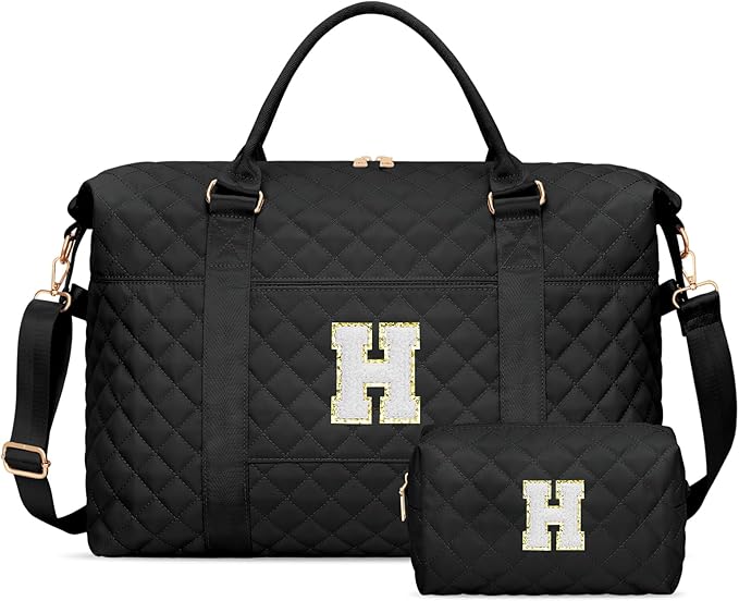Gifts for Women, Initial Travel Duffle Bag, Personalized Weekender Overnight Bags, Gift for Mom Friend College Girl Graduation Teacher（Black,H)