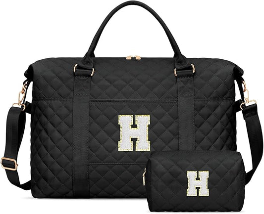 Gifts for Women, Initial Travel Duffle Bag, Personalized Weekender Overnight Bags, Gift for Mom Friend College Girl Graduation Teacher（Black,H)