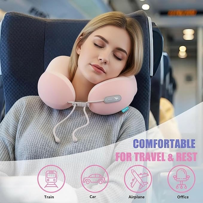 Ergonomic Memory Foam Travel Pillow with EVA Hard Case, Supportive Neck Pillow for Airplane & Long Flights, Cooling Washable Cover, Compact Travel Essential (Pink)
