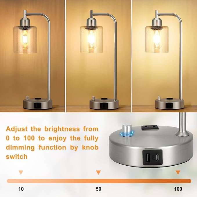 Industrial Table Lamps for Bedrooms Set of 2 - Fully Dimmable Bedside Lamps with USB A and C Ports and Outlet, Nickel Nightstand Lamps with Glass Shade for Living Room, Desk Lamps for Office Reading