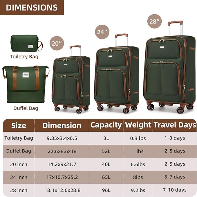 LARVENDER Luggage Sets 5 Piece Softside Expandable Suitcases Set with Spinner Wheels TSA Lock, Lightweight Soft Shell Rolling Travel Luggage Set Clearance for Men and Women, Green Brown