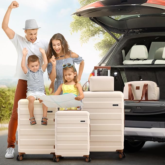 Hoteel Luggage Sets 5 Piece, 4-Year Warranty, Carry-On Luggage with Dual-Spinner Wheels, ABS Hard Shell Suitcase with TSA Locks, Lightweight Luggages for Travel, Beige(20IN/24IN/28IN/DB/TB)