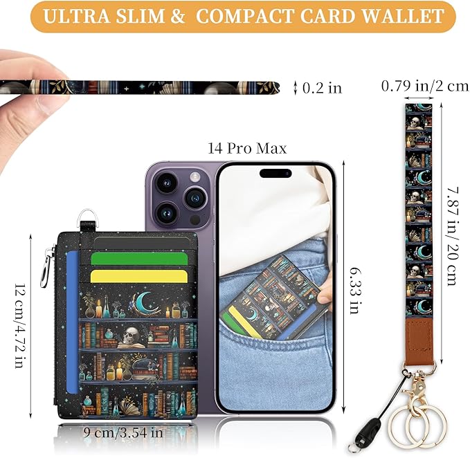 Hancynir Goth Book Skull Cat Slim Wallet Women Credit Card Holder, Gothic Funny Small RFID Blocking Front Pocket Wallet Wristlet Keychain Lanyard, Cute Mini Card Case Thin Zipper Coin PU Leather Gifts