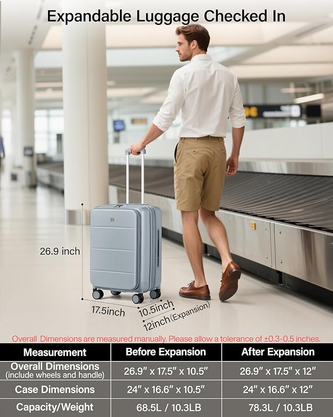 MILADA 24 Inch Checked Luggage, Expandable Hardshell Suitcase with 360° Spinner Wheels & TSA Lock, Lightweight Medium Rolling Luggage for Men and Women Travel, Grey