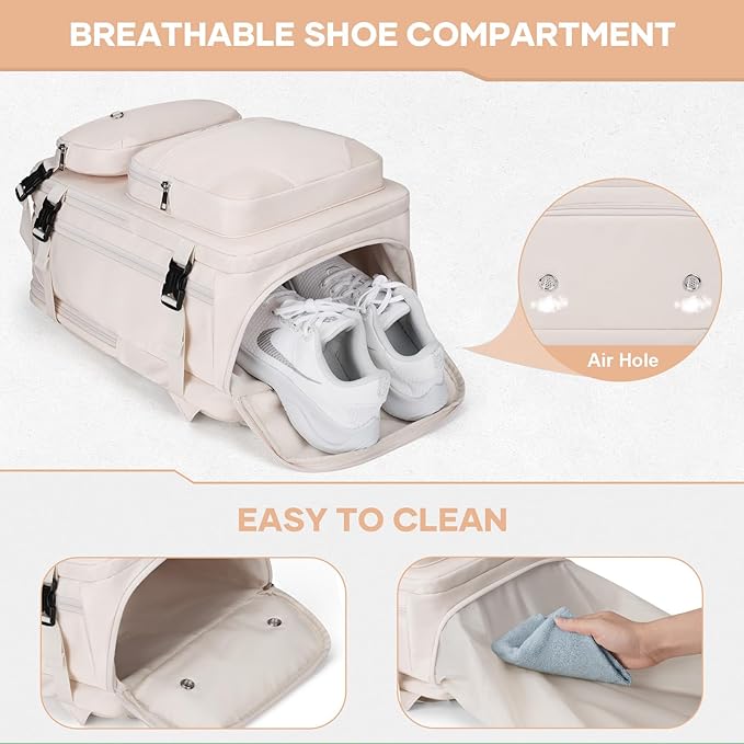 Maelstrom Travel Backpack for Men Women, 35L Carry on Backpack for Traveling on Airplane,with Belt Bag&Shoe Compartment,Waterproof Laptop Backpack fit 17”Laptop-Beige, Large