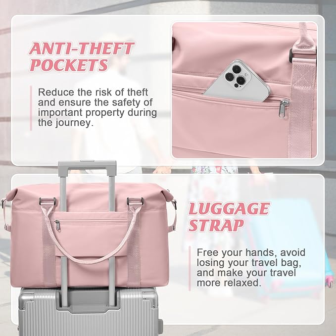 Womens travel bags, weekender carry on for women, sports Gym Bag, workout duffel bag, overnight shoulder Bag fit 15.6 inch Laptop Pink Large