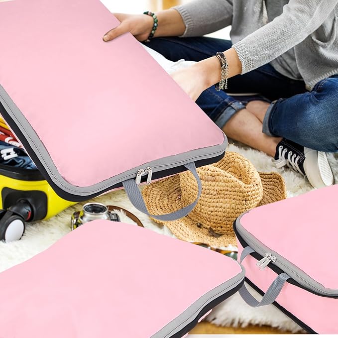 Hosuly 6 Pcs Ultralight Compression Packing Cubes for Travel 17.3 x 12.6'' XL Large Expandable Luggage Organizers for Save Space Family Long Trips (Pink)