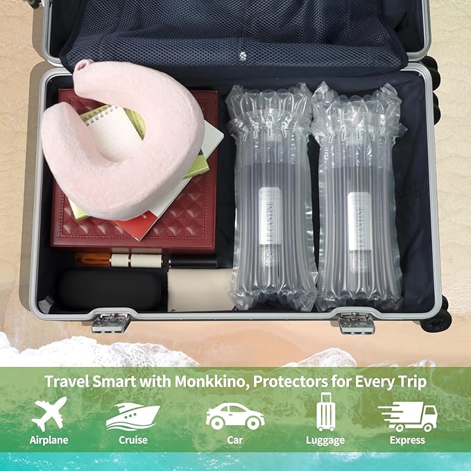 32 Pcs Wine Bottle Travel Protector Bags, Monkkino Inflatable Bubble Cushion Wrap, Safety Choice for Glass Bottles in Transport with Luggage, Air Filled Packaging Sleeves with Reusable Pump (32 Pcs)