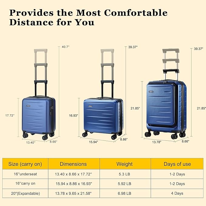 16 Inch Underseat Carry On Luggage Airline Approved, Expandable Lightweight ABS+PC Hard Shell Suitcases with 360° Spinner Wheels, TSA Lock, YKK Zipper, for Business Weekender (Blue, 1 PC)