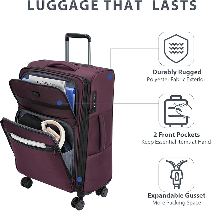 KROSER Softside Expandable checked Luggage with Front Business Pockets，24 Inch Suitcases with Spinner Wheels & Built-in TSA Lock, Durable Suitcase Rolling Luggage, Burgundy