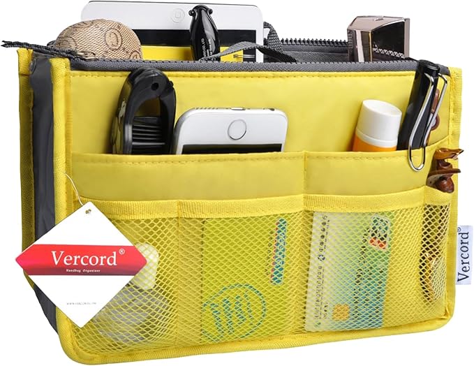 Vercord Purse Organizer Insert for Handbags Bag Organizers Inside Tote Pocketbook Women Nurse Nylon 13 Pockets Yellow Medium