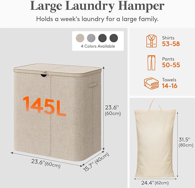 Lifewit 145L Large Laundry Basket with Lid, Laundry Hamper with Plastic Handles and Removable Bag, Foldable Tall Dirty Clothes Hampers for Laundry for Laundry Room, Bedroom, Bathroom, Dorm, Beige