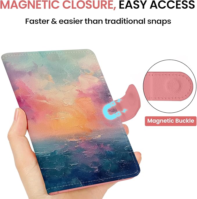 Passport Holder for Travel Essentials, RFID Blocking Leather Cover Wallet with Magnetic Closure, Aesthetic & Cute Passport Book Case for Women and Men - Sunrise (Upgraded with Money Pocket)