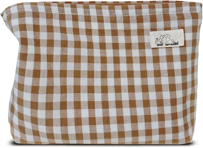HAPPYHEIDI Khaki Gingham Cotton Makeup Bag Cosmetic Travel Pouch with Bottom, Make Up Purse Organizer, Zipper Closure, Canvas Lined…