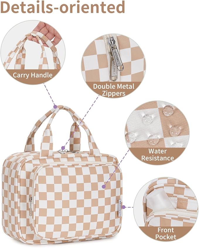 Narwey Travel Toiletry Bag for Women Large Hanging Makeup Bag Organizer Toiletries Bag for Full Size Essentials Accessories Cosmetics (Light Checkerboard (Large))