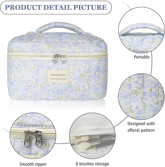1pc Large Makeup Bag, Cute Cosmetic Bag for Women Girls, Floral Coquette Aesthetic Toiletry Bag, Travel Make Up Organizer Bag (Green Leaves Blue Flowers)