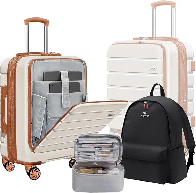 Explorer 20 Inch Carry On - Hardshell Suitcases with Front Pocket, White Brown