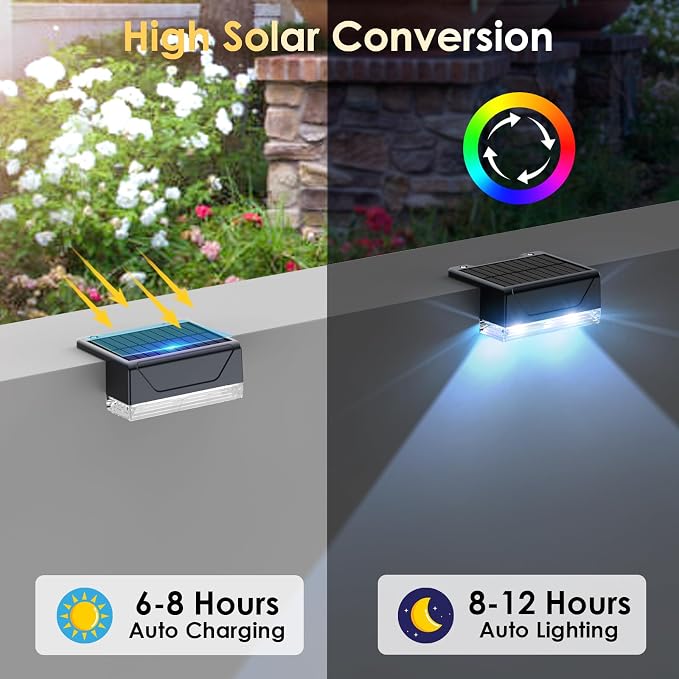 LIANGLOME 12PK Solar Fence Lights Outdoor Waterproof LED - Warm White & RGB 6 Color, Dusk to Dawn Deck Light, IP65 Waterproof Garden Lights for Outside/Backyard/Railing/Step/Patio/Wall