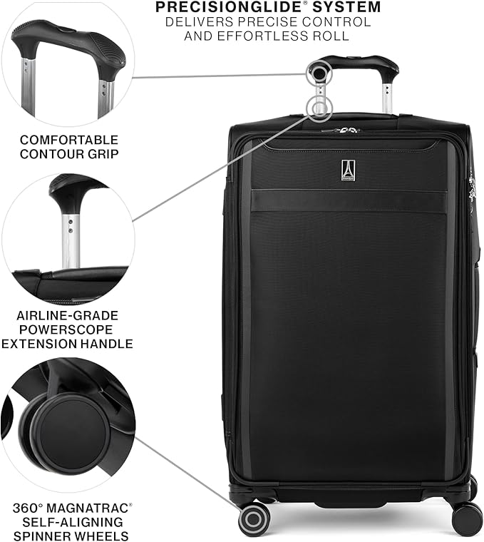 Travelpro VersaPack+ Lightweight Softside Expandable Checked Luggage, 8 Spinner Suitcase, TSA Lock, Men and Women, Checked Large 29-Inch, Black