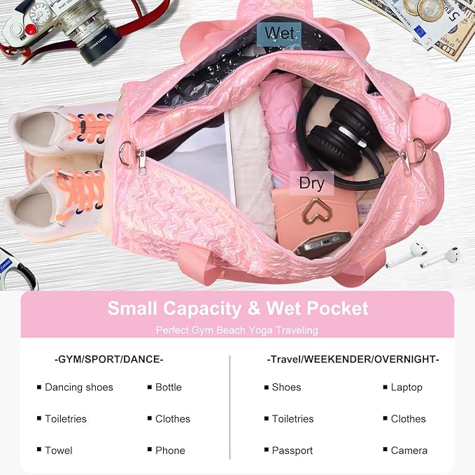 Gym Travel Duffle Bag for Girls - Gymnastics Sports Dance Bag with Shoe Compartment & Wet Pocket Panda Kids Travel Bag Teens Weekender Sleepover Carry On Bag