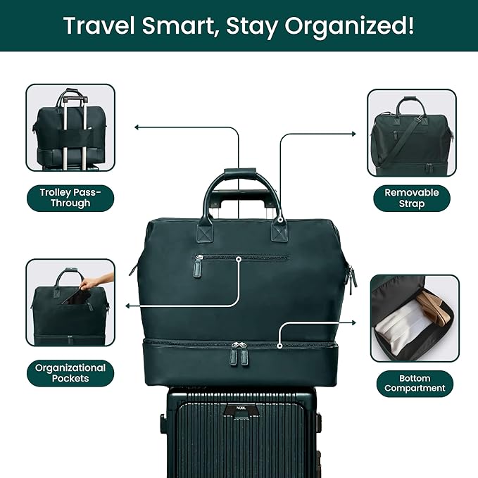 NOBL Travel Weekender Bag for Women & Men, Large Duffel Carry-On Tote with Trolley Sleeve, Separate Shoe Compartment & Laptop Pocket, Leather Overnight Bag for Airplane, Gym, Road Trips - Forest Green