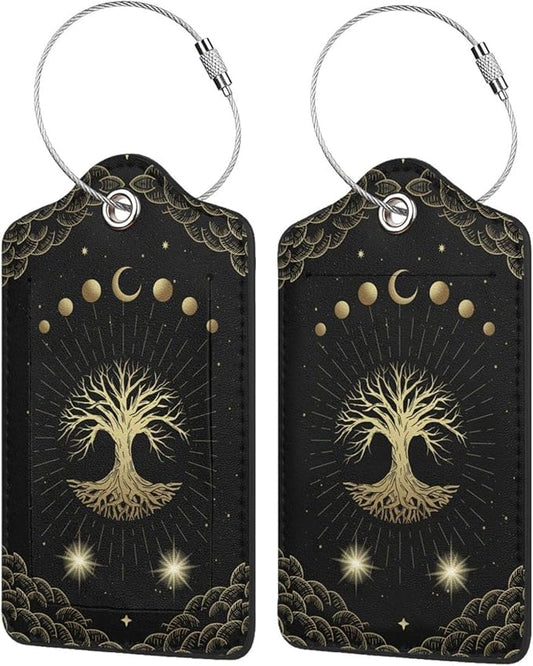 Magic Moon Tree Luggage Tags Set of 2 Leather Stainless Steel Loop Label Tag for Travel Bag Suitcase