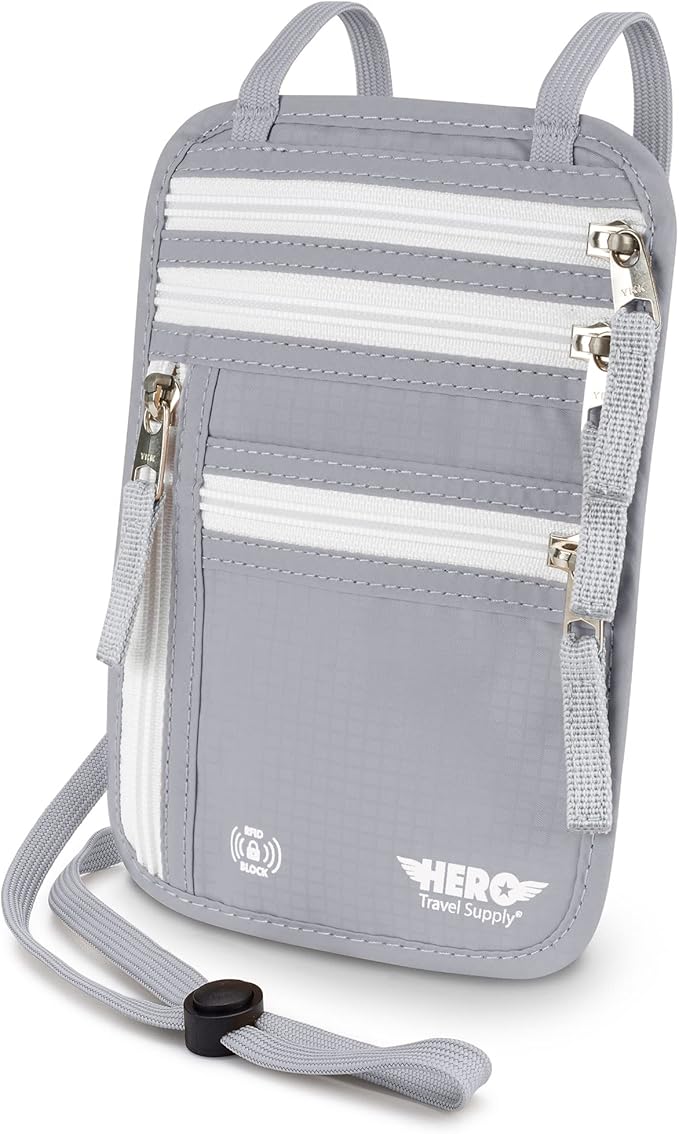 HERO Neck Wallet - RFID Blocking Passport Holder, Easy to Conceal Travel Puch (Ash Grey)