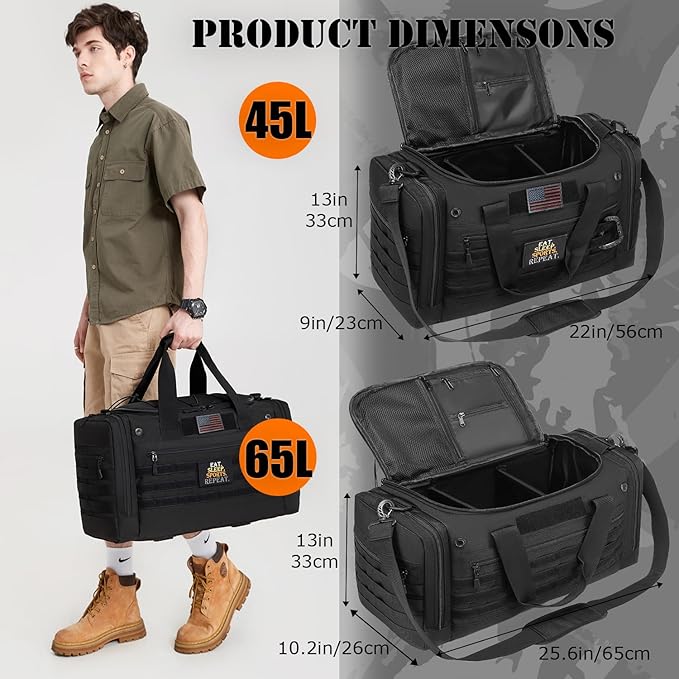 65L Large Duffle Bag for Men & Women, Tactical Gym Bag for Travel Weekender, Large Sports Bag for Hockey Football Baseball Soccer Basketball & Team Training, Black
